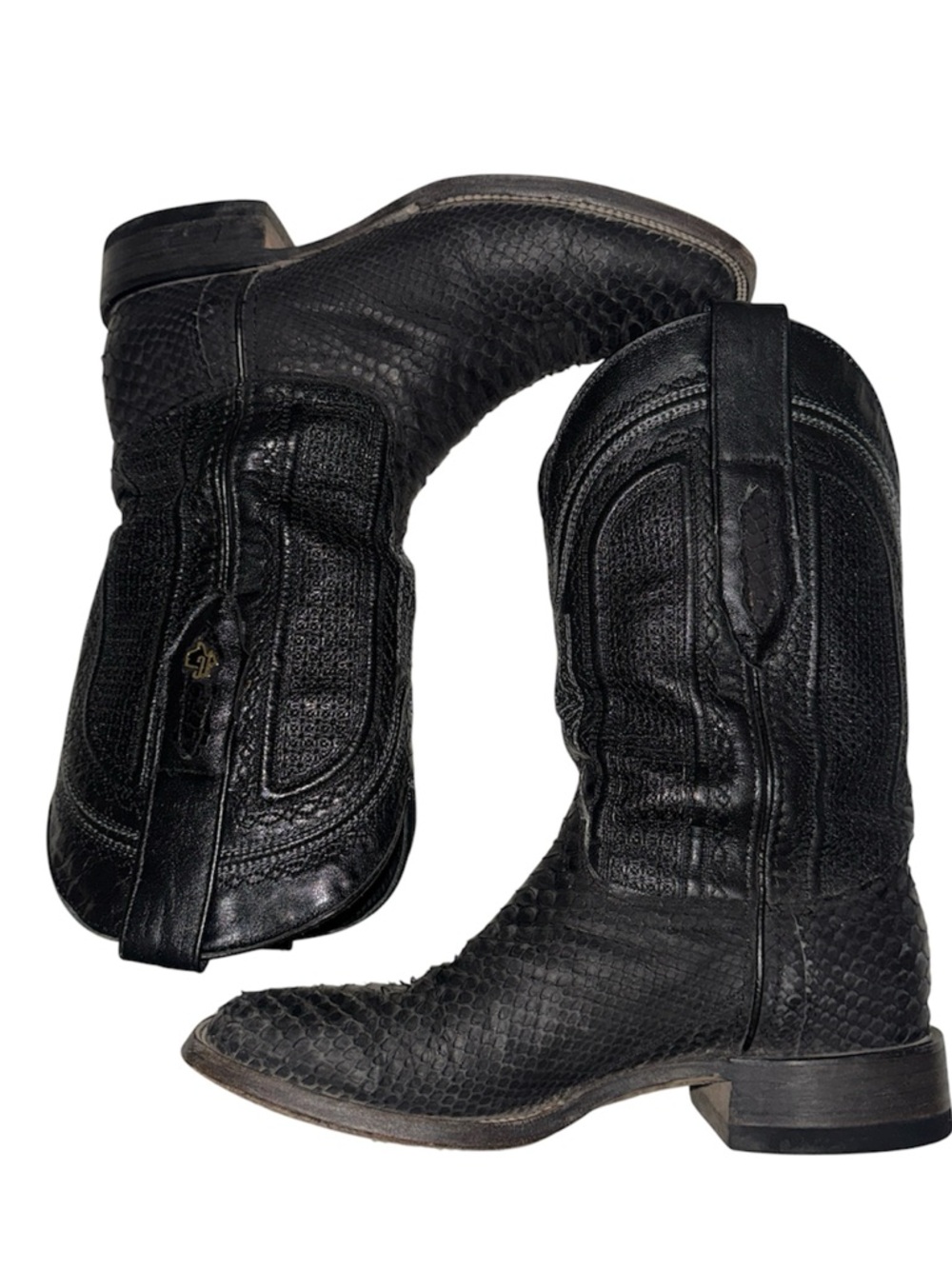 Texas Country Python Black Textured Leather Western Cowboy Boots & Belt